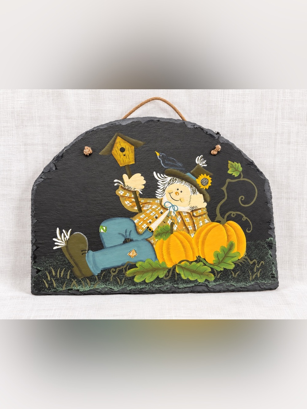 Vintage Hand Painted Slate Scarecrow Pumpkin Fall Harvest Wall Hanging 13” x 9”